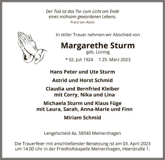 Todesanzeige von Margarethe Sturm von WA