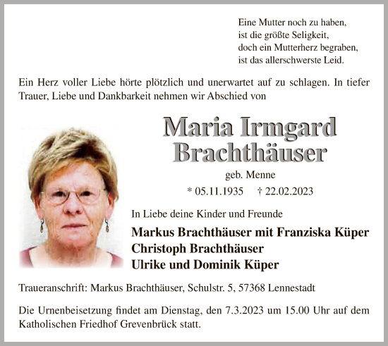 Todesanzeige von Maria Irmgard Brachthäuser von WA