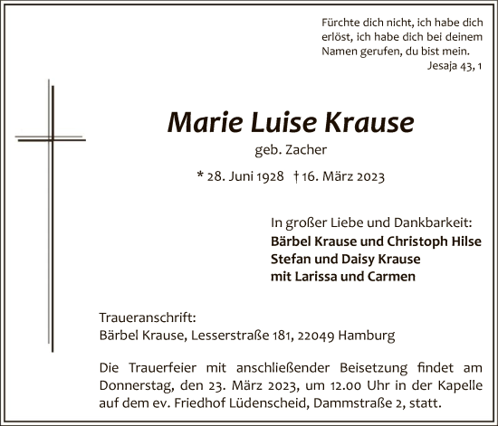 Todesanzeige von Marie Luise Krause von WA