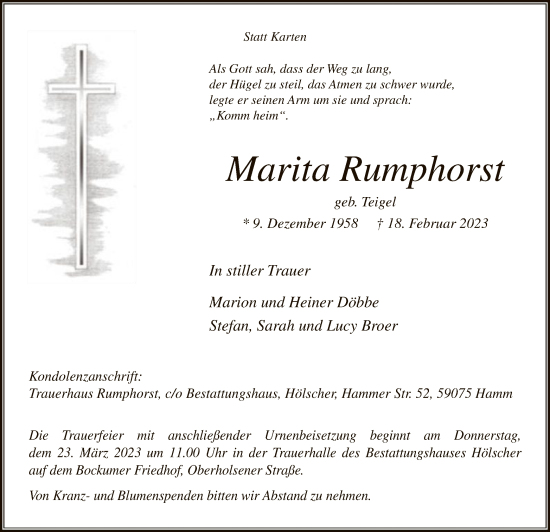 Todesanzeige von Marita Rumphorst von WA