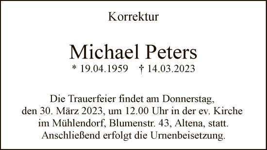 Todesanzeige von Michael Peters von WA
