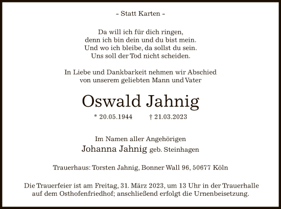Todesanzeige von Oswald Jahnig von WA