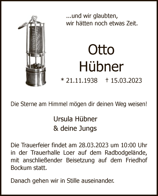 Todesanzeige von Otto Hübner von WA