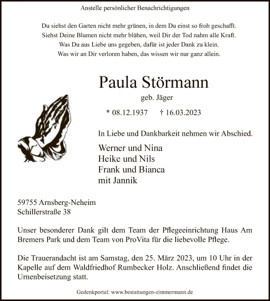 Todesanzeige von Paula Störmann von WA