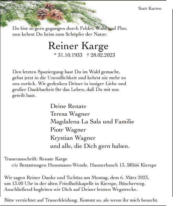 Todesanzeige von Reiner Karge von WA