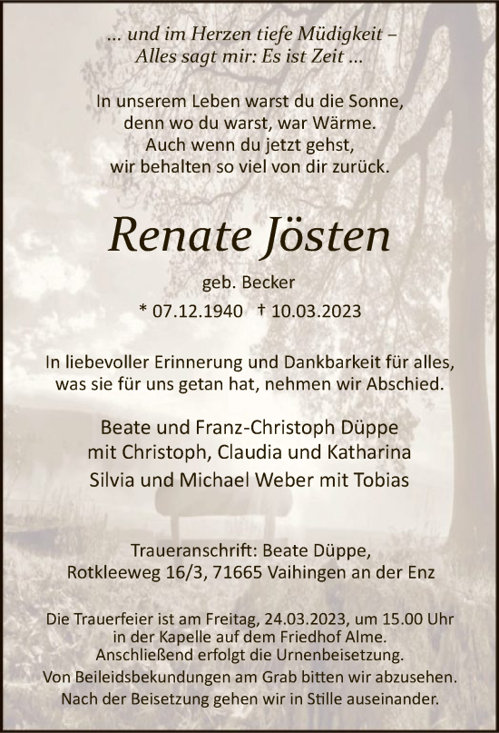 Todesanzeige von Renate Jösten von WA