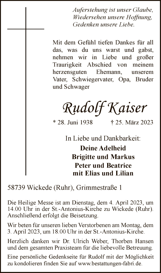 Todesanzeige von Rudolf Kaiser von WA