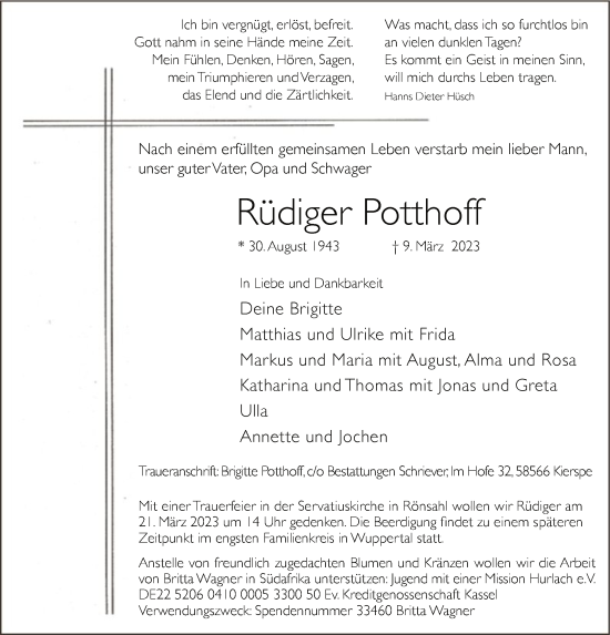 Todesanzeige von Rüdiger Potthoff von WA