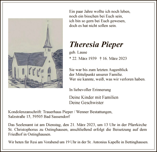 Todesanzeige von Theresia Pieper von WA