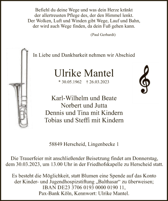 Todesanzeige von Ulrike Mantel von WA