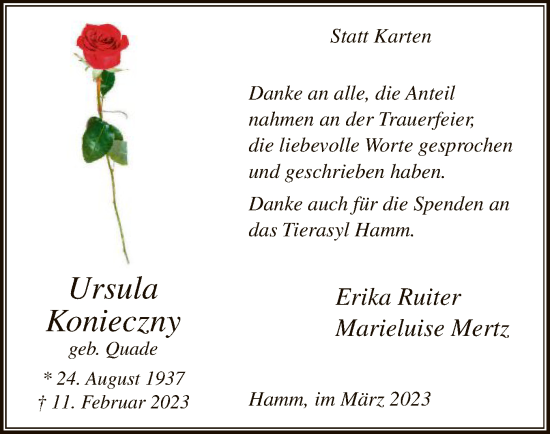Todesanzeige von Ursula Konieczny von WA