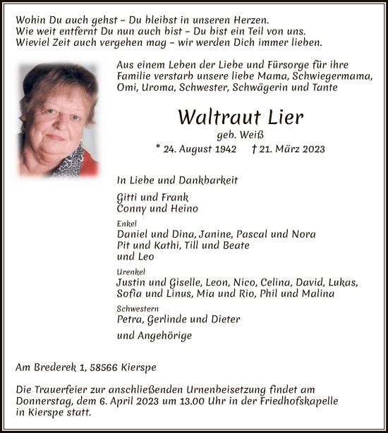 Todesanzeige von Waltraut Lier von WA