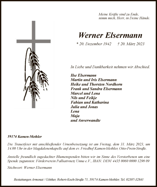 Todesanzeige von Werner Elsermann von WA