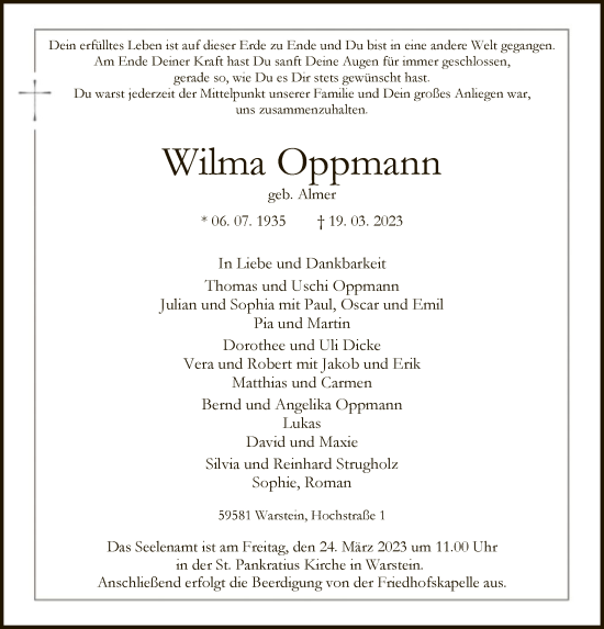 Todesanzeige von Wilma Oppmann von WA