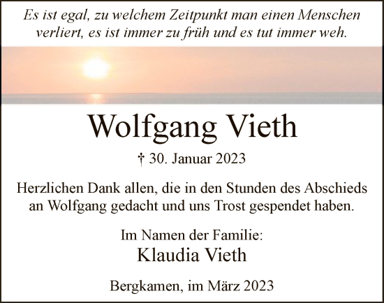 Todesanzeige von Wolfgang Vieth von WA