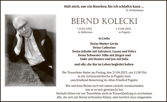 Todesanzeige von Bernd Kolecki von WA
