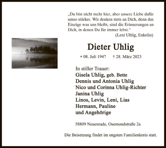 Todesanzeige von Dieter Uhlig von WA
