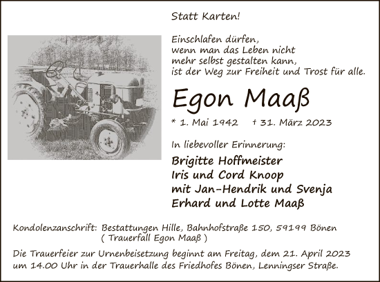 Todesanzeige von Egon Maaß von WA