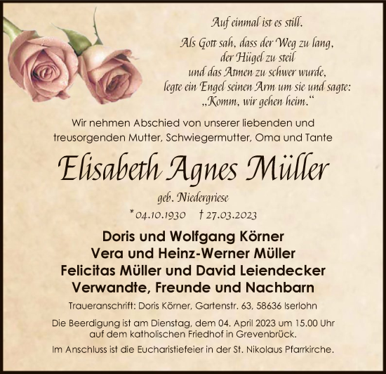 Todesanzeige von Elisabeth Agnes Müller von WA