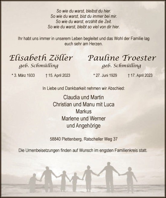 Todesanzeige von Elisabeth Zöller und Pauline Troester  von WA