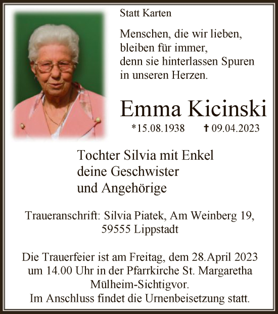 Todesanzeige von Emma Kicinski von WA