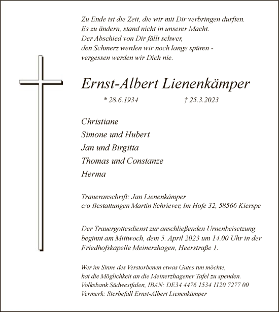 Todesanzeige von Ernst-Albert Lienenkämper von WA