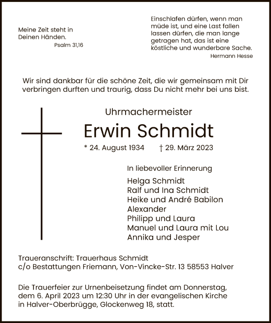 Todesanzeige von Erwin Schmidt von WA