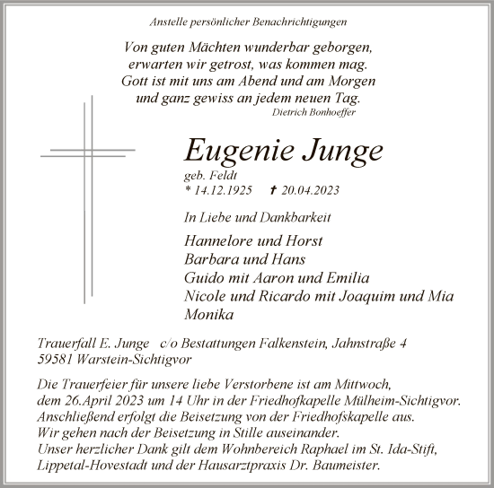 Todesanzeige von Eugenie Junge von WA