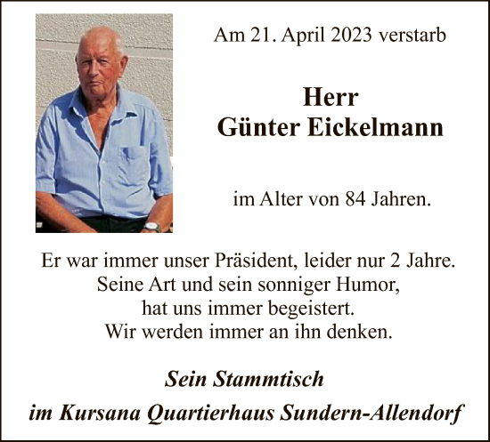 Todesanzeige von Günter Eickelmann von WA