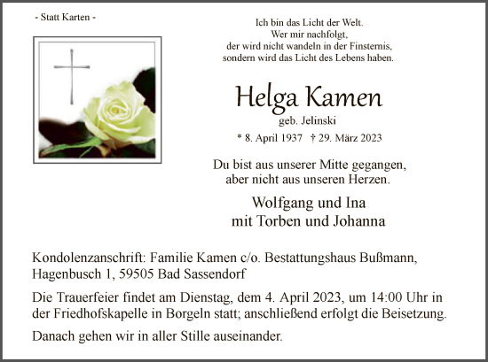 Todesanzeige von Helga Kamen von WA