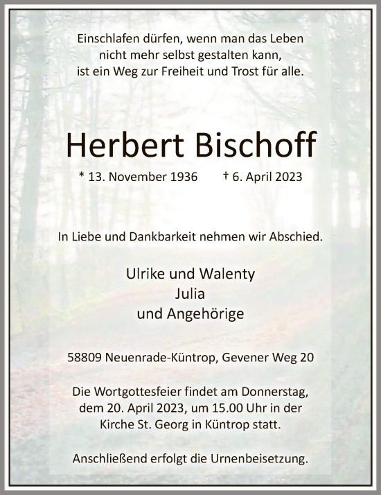 Todesanzeige von Herbert Bischoff von WA