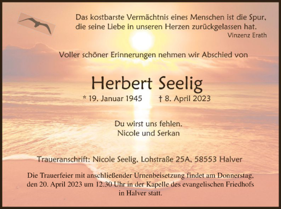 Todesanzeige von Herbert Seelig von WA