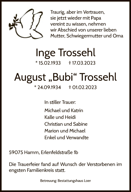 Todesanzeige von Inge und August Trossehl von WA