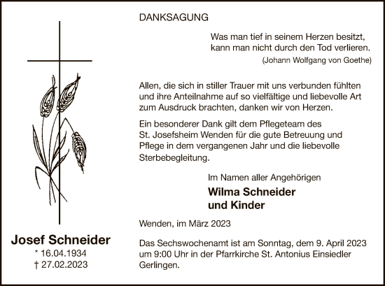 Todesanzeige von Josef Schneider von WA