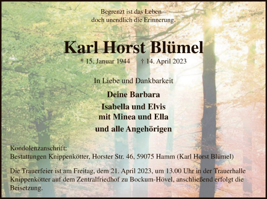 Todesanzeige von Karl Horst Blümel von WA