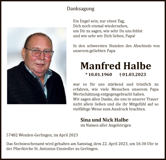 Todesanzeige von Manfred Halbe von WA