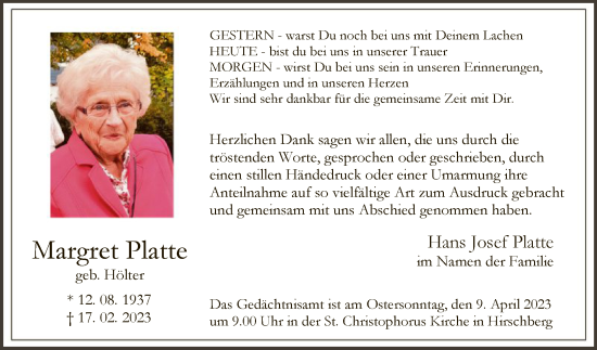 Todesanzeige von Margret Platte von WA