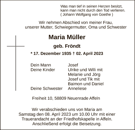 Todesanzeige von Maria Müller von WA