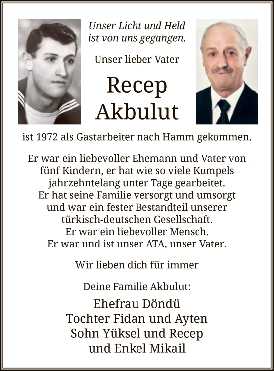 Todesanzeige von Recep Akbulut von WA