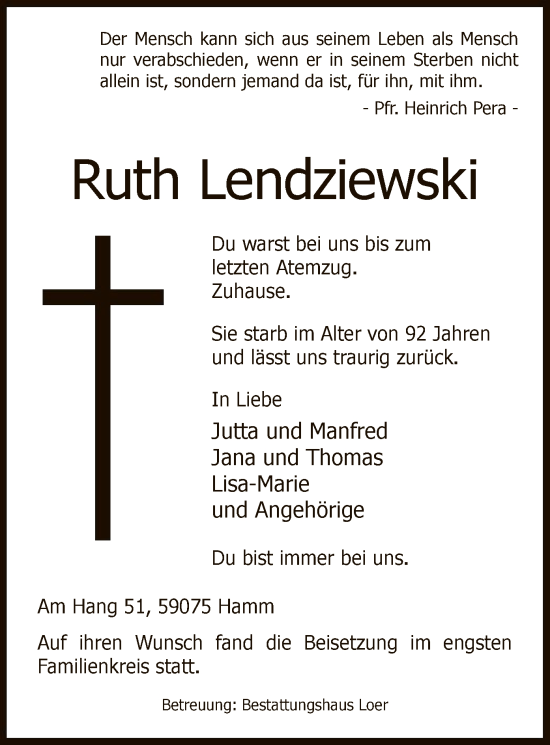 Todesanzeige von Ruth Lendziewski von WA