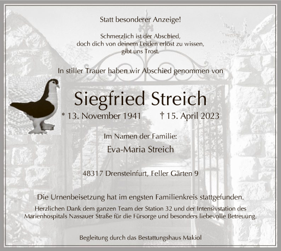 Todesanzeige von Siegfried Streich von WA