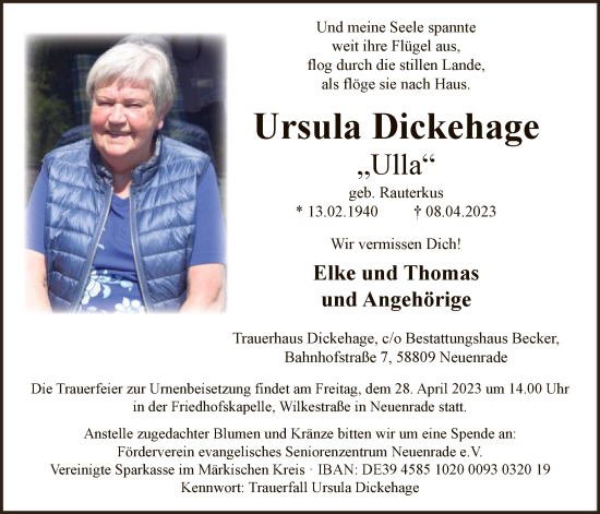 Todesanzeige von Ursula Dickehage von WA