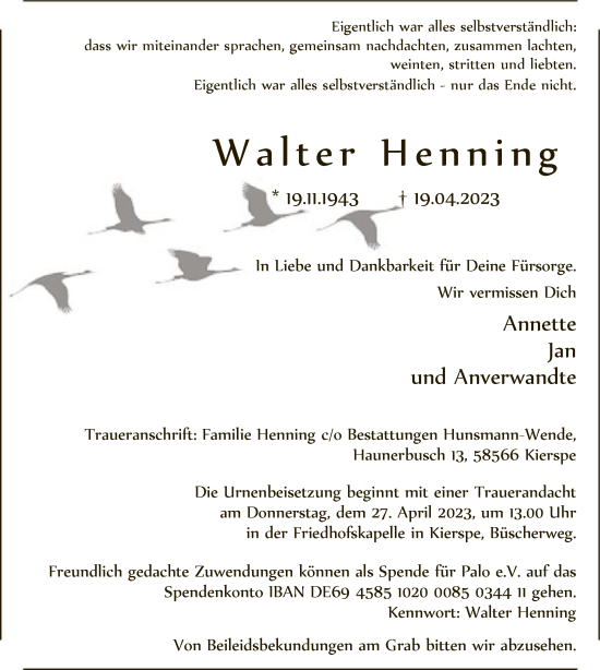 Todesanzeige von Walter Henning von WA