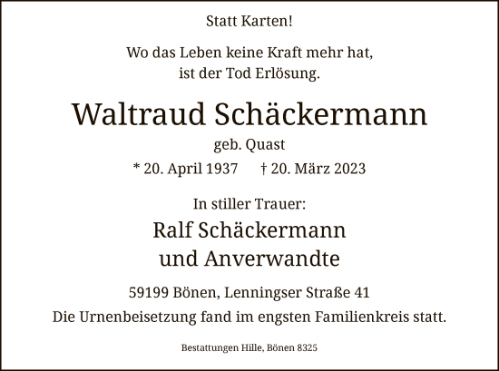 Todesanzeige von Waltraud Schäckermann von WA