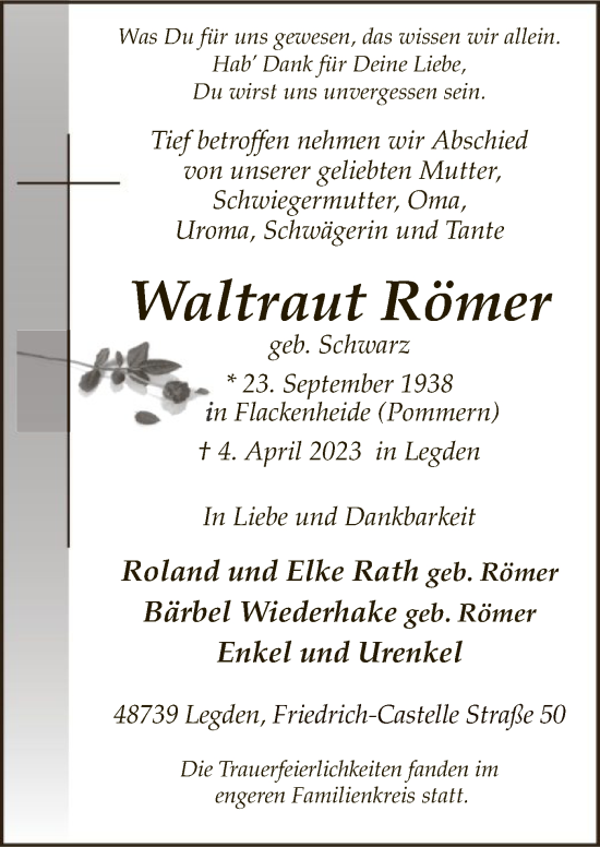 Todesanzeige von Waltraut Römer von WA