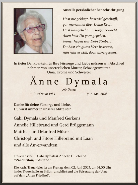 Todesanzeige von Änne Dymala von WA