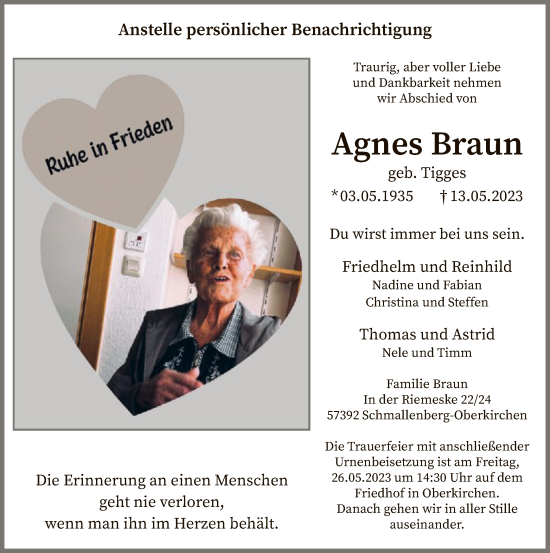 Todesanzeige von Agnes Braun von WA