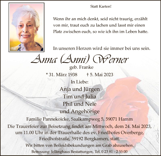 Todesanzeige von Anna Werner von WA