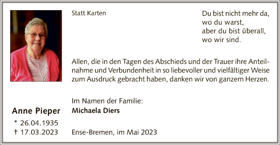 Todesanzeige von Anne Pieper von WA