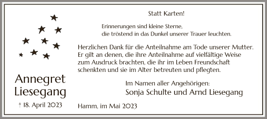 Todesanzeige von Annegret Liesegang von WA